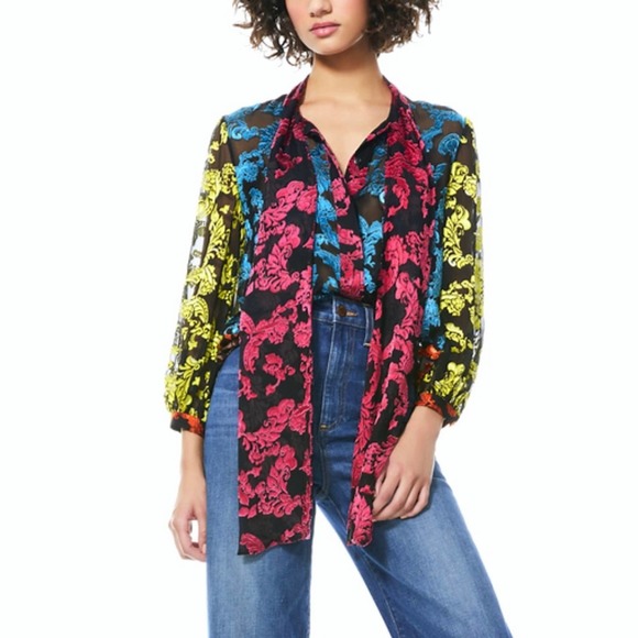 NWT Alice + Olivia Jeannie Show Me Love Tie Neck Silk Jacquard Velvet Blouse M - Picture 2 of 16